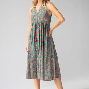 Natural Life Teal Midi Button Dress with Coral Floral Print